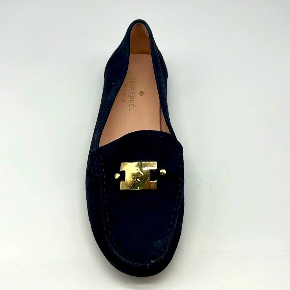 Kate Spade - Carmen Navy Suede Gold Logo Round Toe Driving Loafer Size 8